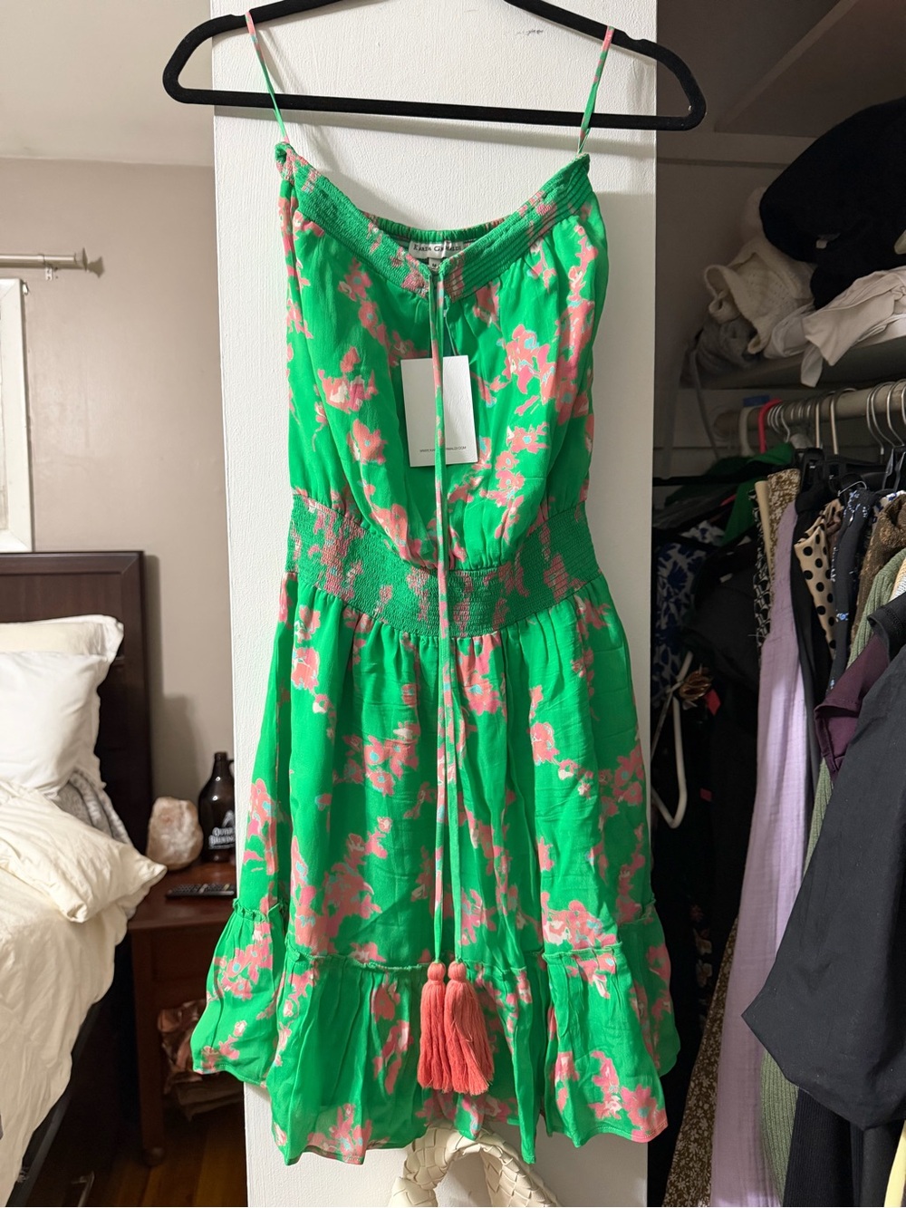 Karina Grimaldi Green and Pink Floral strapless Mini Dress